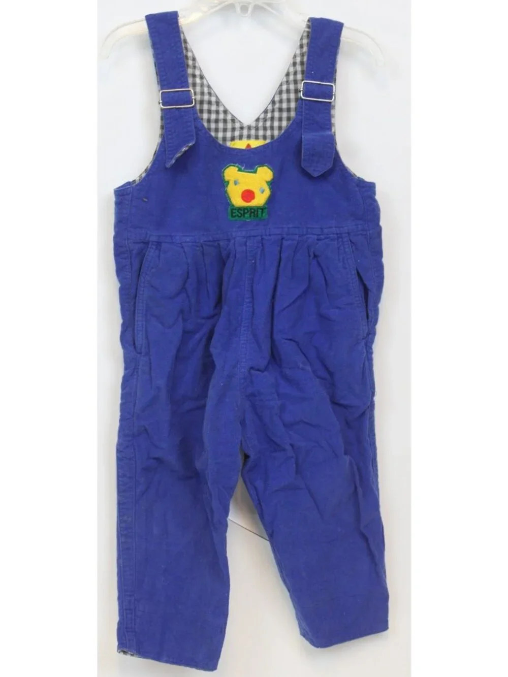 VTG 1990s Esprit Kids Boys Overalls sz 24m Blue Plaid Bear Head Velour Adjustabl